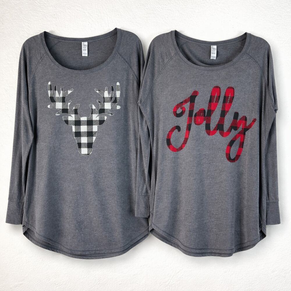 Gray Buffalo Plaid Reindeer Jolly Graphic Tunic Tops Womens Large Bundle Soft